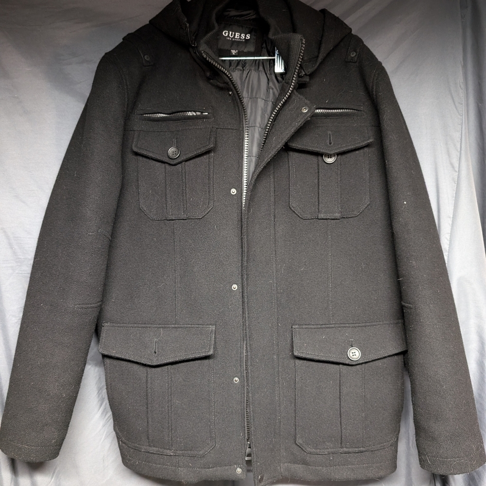 Guess Men's Peacoat- dual layered wool with zipper and hood